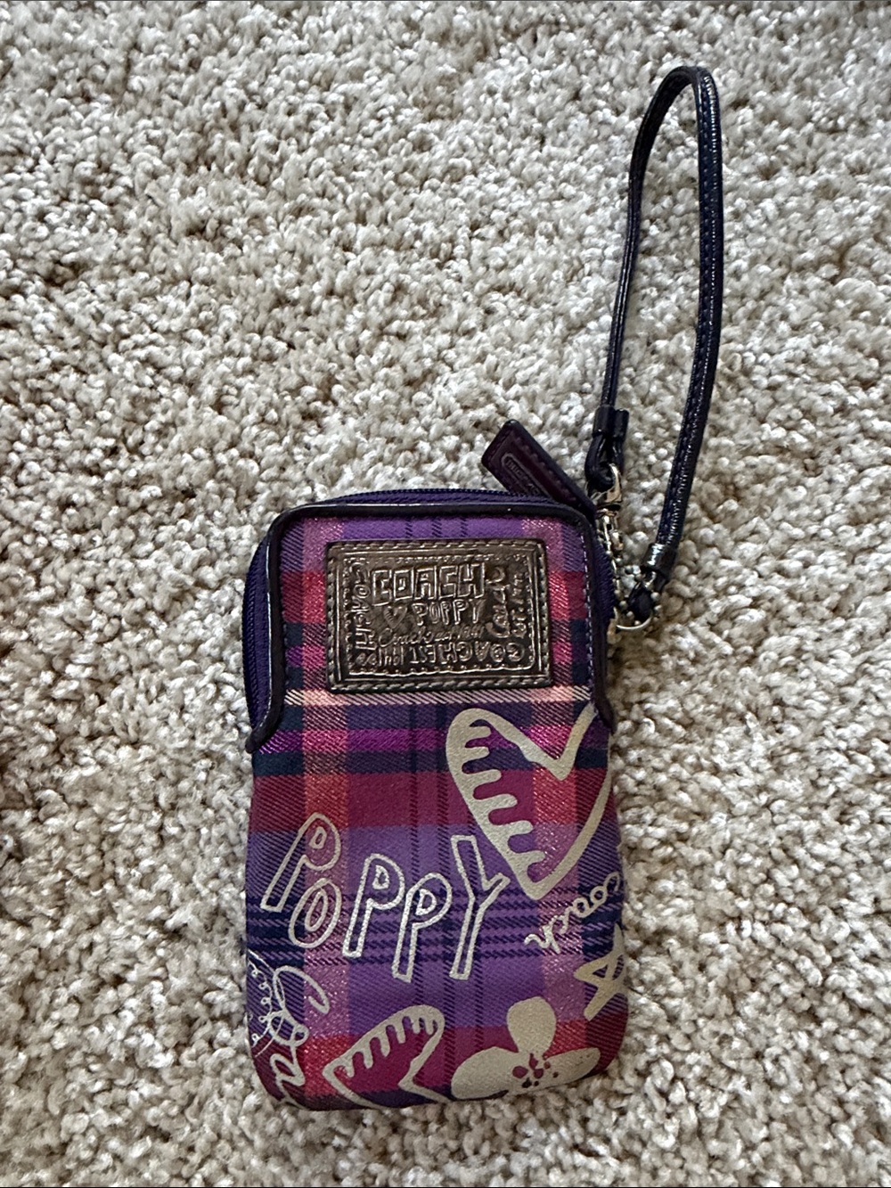 Coach Purple Plaid Poppy Graphic Phone Pouch